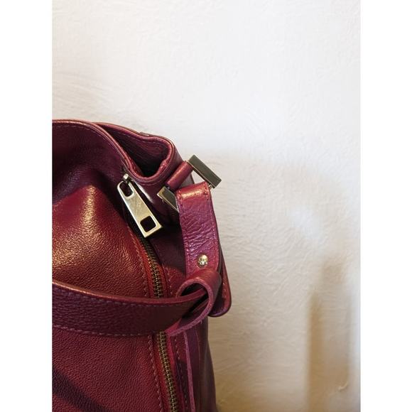 Varriale Dark Red Italian Leather Double Front Gold Zipper Bucket Shoulder Bag - Picture 5 of 15